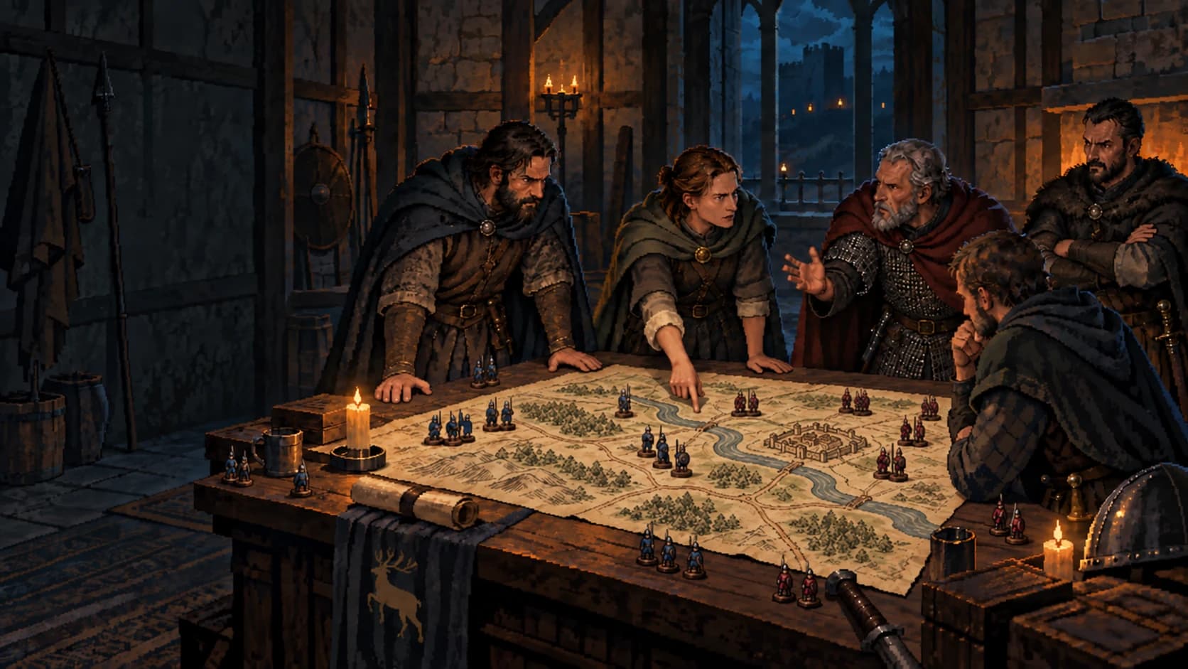 Five war leaders debate the coming battle around a hand-drawn parchment map with tiny soldier figurines on a candlelit wooden table.